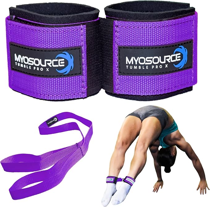 Tumble Pro X Ankle Straps Kit – Cheerleading Standing Tumbling Equipment, Gymnastics Backhandspring Trainer – Includes Flexibility Stunt Stretch Strap – Blue, Pink, Purple