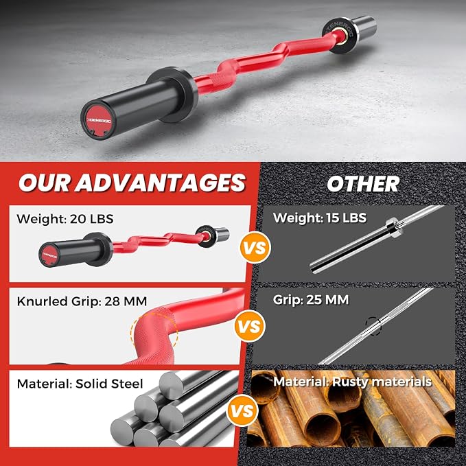 47” Solid Steel Olympic Curl Bars, 500LB | EZ and Super EZ curl bars with knurled grips, rotating sleeves, solid steel build, and 2-inch Olympic plate compatibility