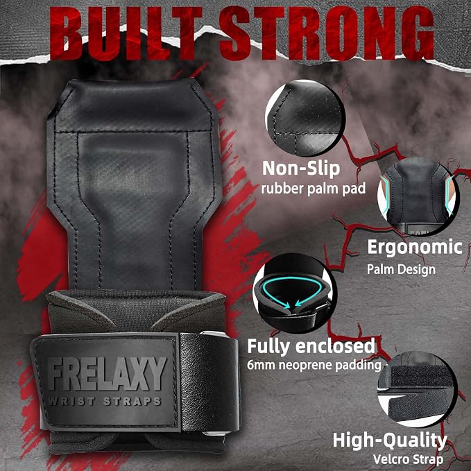Frelaxy Lifting Wrist Straps, Rubber Weight Lifting Grips for Deadlifts | Non-slip rubber palm, Full palm protection, Neoprene wrist padding, Enhanced grip support, Pull ups rows lat pulldowns