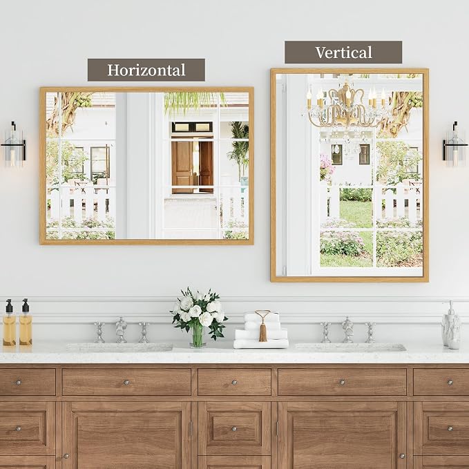Syndra Natural Wood Frame Bathroom Mirror, 30x40'' Modern Vanity Mirror for Wall, Waterproof Slim Deep Frame, Rectangular HD Tempered Glass Mirror for Living Room, Bedroom, Entryway, Rustic, Farmhouse