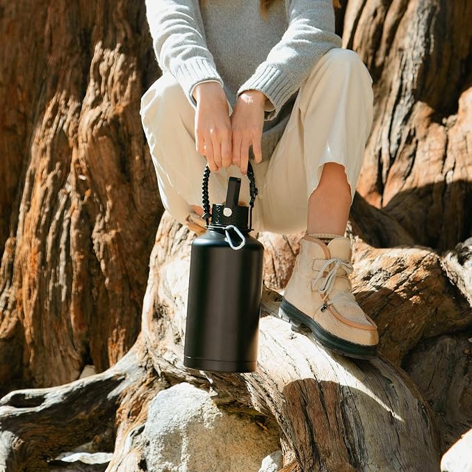 Insulated Water Bottle 64oz,Triple Wall Vacuum Stainless Steel(Dishwasher Safe),Leak Proof & Non-BPA,Flask Jug with Paracord Handle & Straw Spout Lids Sports Navy Blue