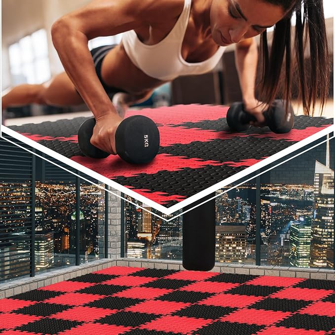 Ecally 200 Pcs 12 x 12 Gym Mat Foam Floor Mats for Home Gym Covers 96 Sq Ft Puzzle Exercise Square Interlocking Carpet Tiles with Border for Workouts Equipment Yoga Pilates (Black,Red)