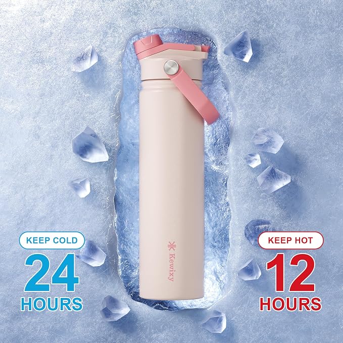 KEWIXY 24 oz Insulated Water Bottle, 2-in-1 Lid, Straw & Spout with Protected, Leak Proof, Keep Cold, Stainless Steel, Metal, Reusable, Handle, for Travel, Gym and School, 2 Lids, Blush Pink