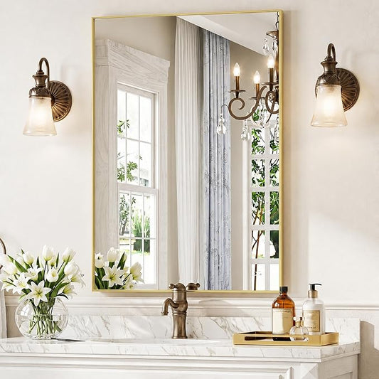 24" x 36" Gold Wall Mirror for Bathroom, 36" x 24" Metal Framed Accent Mirror, Vintage Modern Rectangular Decor for Entryway, Anti-Rust