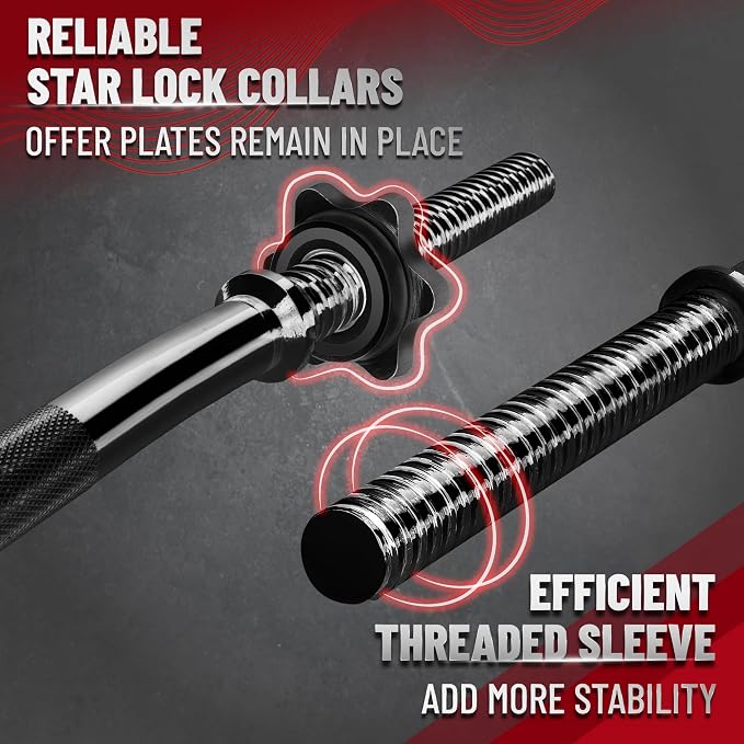 Yes4All Standard Straight Barbell 60" & EZ Curl Bar 47", Capacity 200 to 480 LB, Weight Bar 1" to 2" Diameter - Star Lock Collars, Rubber Ring, Barbell Spins Included for Deadlifts & Squats