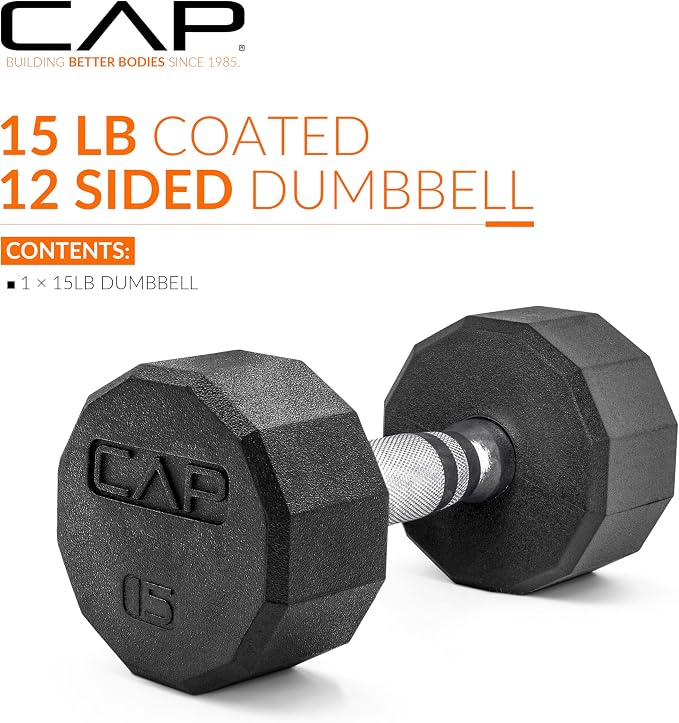 CAP Rubber Coated Dumbbell Weights, Free Weights for Home Gym Strength Training, Anti-Roll Hex Dumbbells with Black, Chrome & Comfort Grip Handles, Singles
