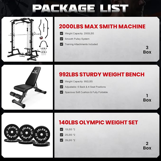 SR01 Smith Machine, 2000LBS Multi-Function Power Cage with LAT Pulldown System, All-in-One Home Gym Squat Rack with Smith Bar and Training Attachments for Full Body Workouts