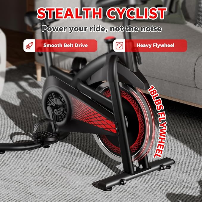 Exercise Bike with Bluetooth, Wool Felt Brake Pad Stationary Bike - 300lb Weight Capacity Quiet Belt Drive Indoor Cycling Bike for Home Cardio, Adjustable Handlebar & Extra Soft Seat, Digital LED Monitor