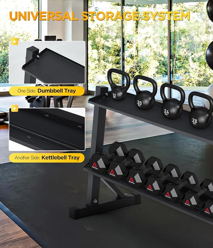 48" Kettlebell Storage Rack | 2-Tiers,1000LBS Weights Storage for Free Weights, Dumbbells, Kettlebells and Medicine Ball,Black,for Home Gym