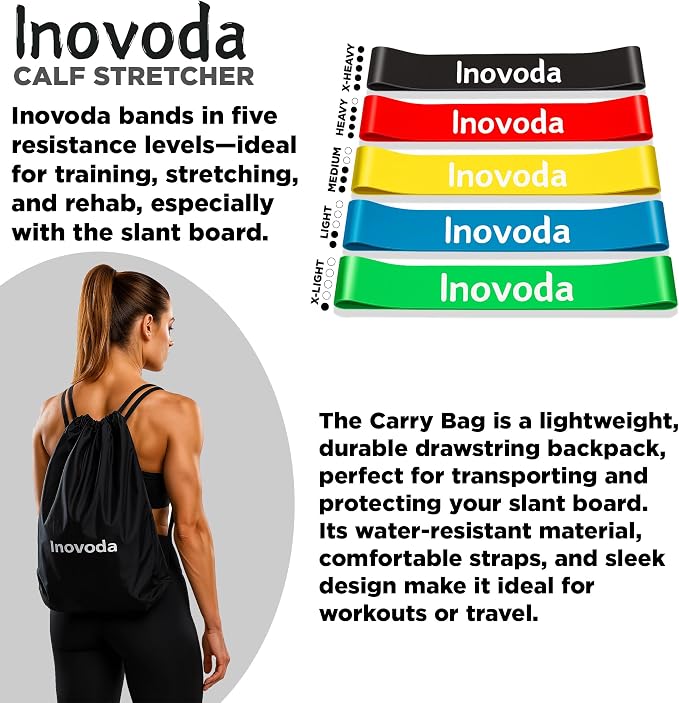 Inovoda Calf Stretch Board I Slant Board For Calf Stretching & Calf Raise Block for Relief of Plantar Fasciitis, Achilles Tendonitis & Calf Tightness | Calf Stretcher with 5 Resistance Bands & Carry Bag I Ankle Balance Board & Ankle Exerciser Strengthener