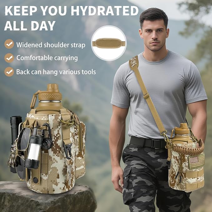 DEFUNX Half Gallon Water Bottle Insulated with Sleeve - Tactical 64 oz Stainless Steel Water Jug with MOLLE Water Bottle Pouch, Gym Water Bottles for Men Hiking Workout (Desert Digital Camo)