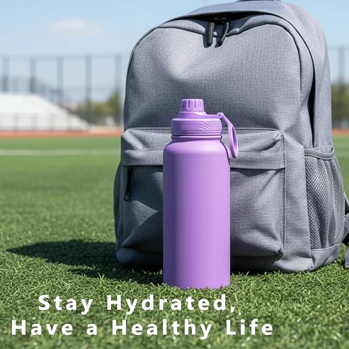 32 oz Insulated Metal Mens Water Bottle | Purple, Stainless Steel, 1 Liter, Leakproof, 2 Lids, Large Sports Water Bottle for Gym,Hiking