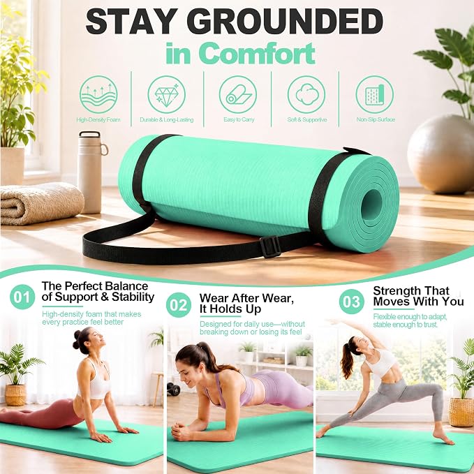 HULKFIT High Density Non Slip Yoga Mat, Extra Thick Exercise Mat with Carrying Strap, for Pilates, Fitness, Home Gym & Floor Workouts - Multiple Thickness & Multiple Color
