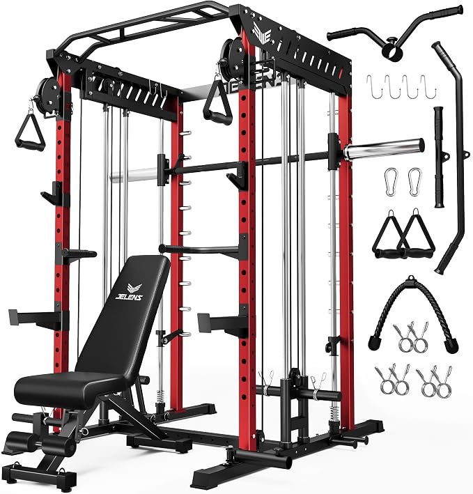 JELENS M21 Smith Machine, Multi-Function Power Cage with Dual Pulley Cable Crossover System, 2000LBS All-in-One Squat Rack with Smith Bar and Attachments for Home Gym
