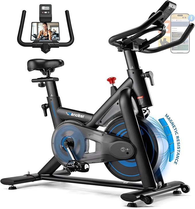 Wenoker Exercise Bike for Home, Magnetic Stationary Bike with App Sync, Indoor Cycling Bike with Adjustable Seat & Handlebar, Quiet Belt Drive, LCD Monitor, Tablet Holder & Transport Wheels for Cardio Workout