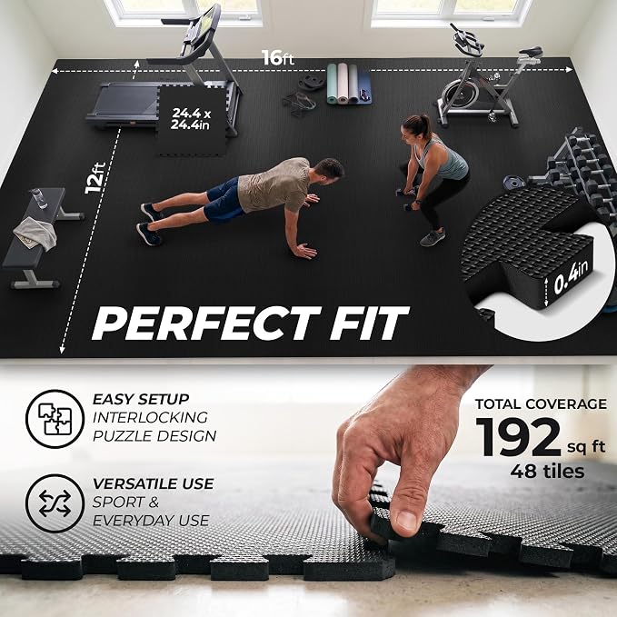 bemaxx Gym Mats Set - 48 pcs EVA Interlocking Foam Floor Tiles (24.4"x24.4"x0.4") 192 sqft Protective Gym Flooring Sports Home Workout Exercise Mats Puzzle Garage Fitness Play-Room Pool Treadmill Bike