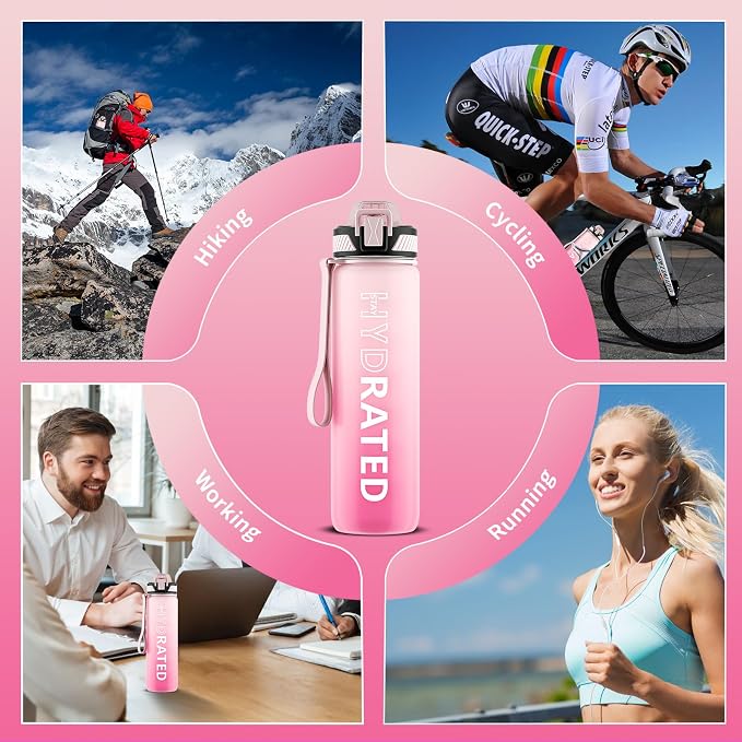 QLUR Water Bottle with Straw, 32oz Motivational Water Bottles with Time Marker to Drink, Tritan BPA Free, 1L Sports Water Bottle with Carry Strap LeakProof for Women Gym Fitness Outdoor (1 Pack)