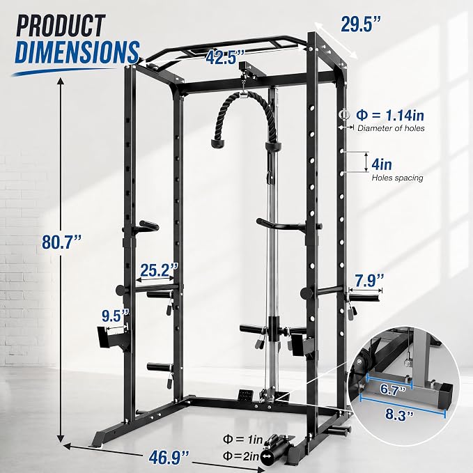 5-in-1 Power Rack Heavy Duty Home Gym | 5 Configs: Only, +Pulley, +Bench, +150LB, +240LB. 1200LB, 50x50mm, 83"H. J-Hooks, Safety Bars, Landmine. Olympic 2" Plates.
