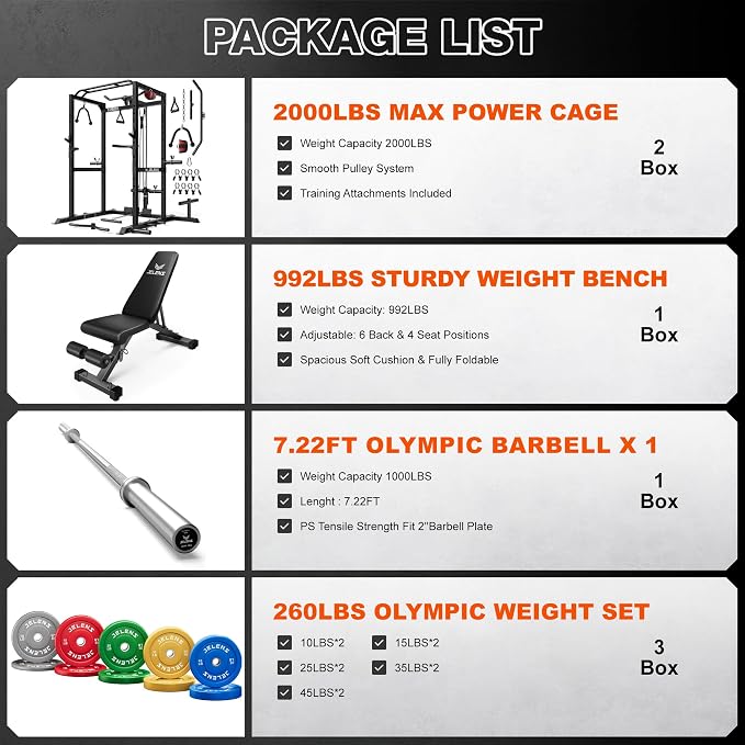 JELENS S21 Power Cage, Multi-Function Power Rack with Adjustable Cable Crossover System, 2000LBS Squat Rack for Home Gym with More Training Attachments