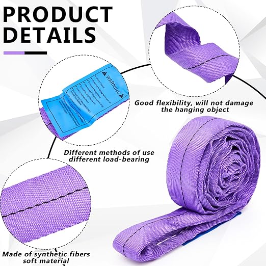 Fabbay 4 Pcs 7.9 Feet Heavy Duty Polyester Endless Loop Round Lift Slings Lifting Straps for Hoist Towing Moving Furniture Rigging Equipment, 2600 LB Vertical 2100 LB Choker 5200 LBs Basket(Purple)