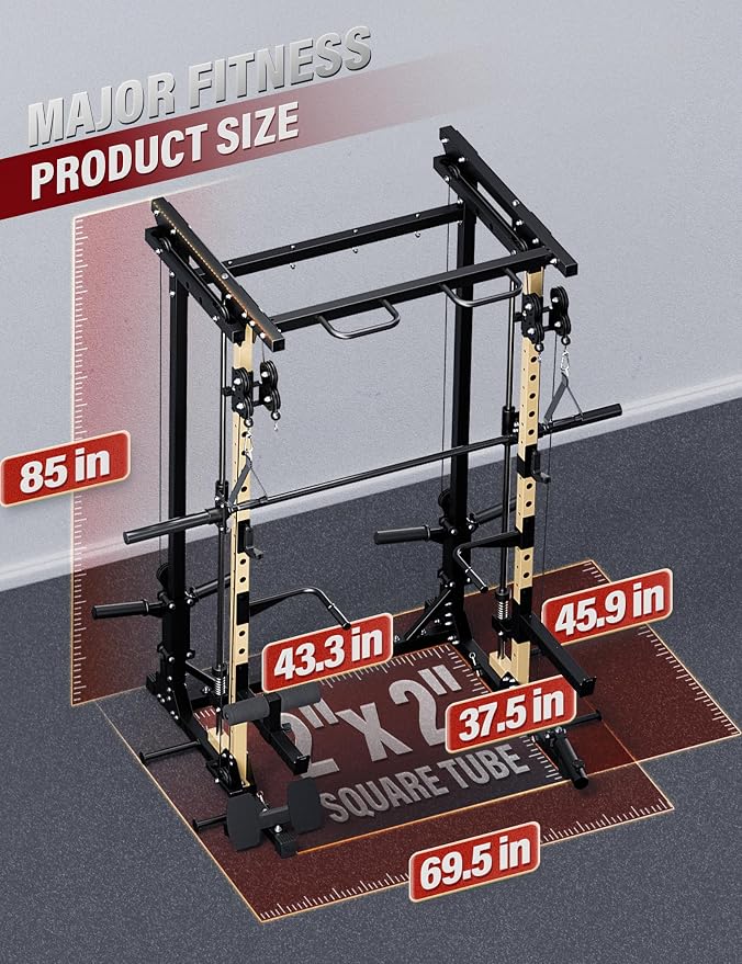 MAJOR FITNESS Drone3 Smith Machine, 2500lbs All-in-One Home Gym Power Rack with Dual Pulley System for Cable Crossover, Pull-Up Bars