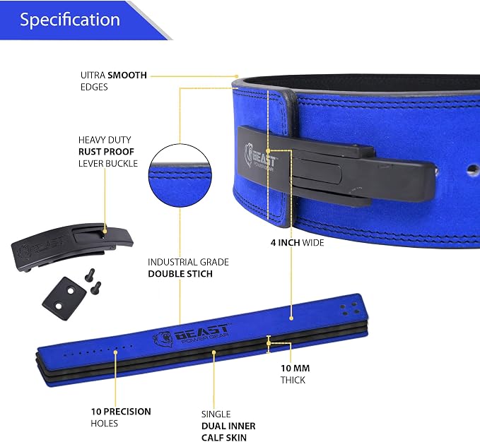 Beast Power Gear Weight Lifting Belt Lever Buckle 10MM 13MM Thick & 4 Inches Free Strap Weightlifting, Powerlifting, Deadlifts, Squats Men Women