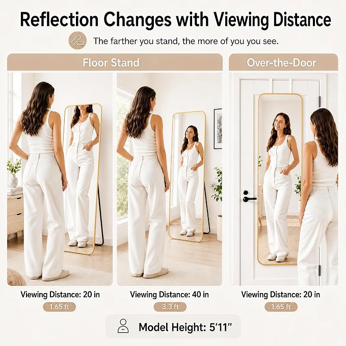 SCWF-GZ 57x20 Full Length Mirror Over The Door Hanging, Floor Stand/Wall Mounted Aluminum Alloy Frame Dressing Mirror for Bedroom Living Room 57 inch Gold