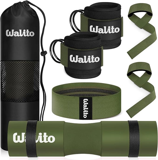 WALITO 8Pcs Barbell Pad Set for Hip Thrust - Squat Pad,Gym Accessories for Women with Bar Bad,Bench Press, with Gym Ankle Straps,Resistance Bands for Working Out,Lifting Strap,Carry Bag