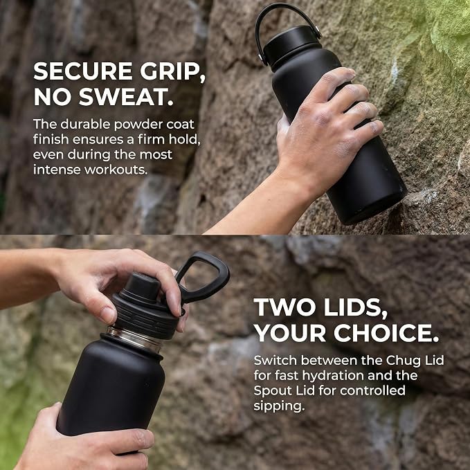 Black Insulated 32 oz Metal Leakproof Water Bottle | Mens Stainless Steel Water Flask, Large Sports Travel Water Bottle for Gym,Hiking,1 liters Thermal Bottle with 2 Lids