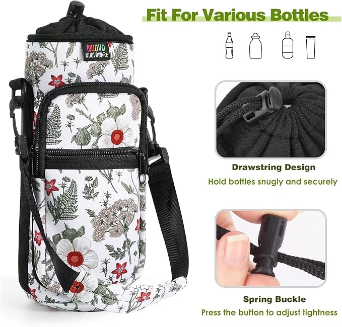 Nuovoware Water Bottle Carrier Bag, 25oz/32oz Bottle Pouch Holder, Adjustable Shoulder Hand Strap 2 Pocket Sling Neoprene Sleeve Sports Water Bottle Accessories for Gym Hiking Travel, Hibiscus White