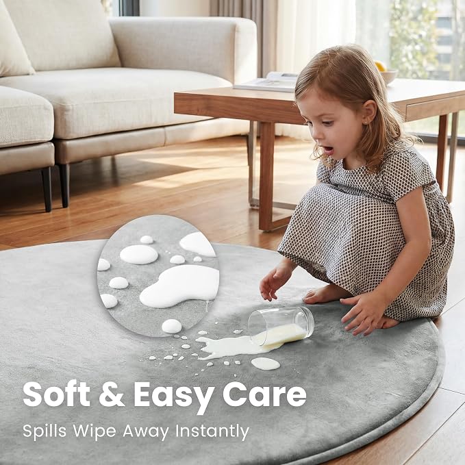 Baby Play Mat for Floor,1.3" Thick Elasti-Foam 47in Round Mat for Tummy Time,Water Repellent Soft Coral Velvet for Toddler,Infant,Kids,Non-Slip Backing Safe for Crawling(Light Grey)