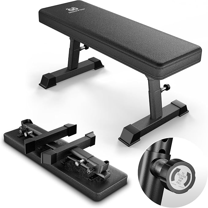 Weight Bench, Foldable Flat Bench with Gym Quality 1300 LBS Capacity | 5-Level Height, 2.5" Thick Cushion, Sturdy T-Legs, Compact Storage Flat Bench for Weight Training and Ab Exercises, Black