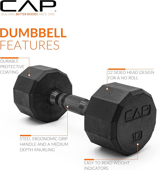 CAP Rubber Coated Dumbbell Weights, Free Weights for Home Gym Strength Training, Anti-Roll Hex Dumbbells with Black, Chrome & Comfort Grip Handles, Singles