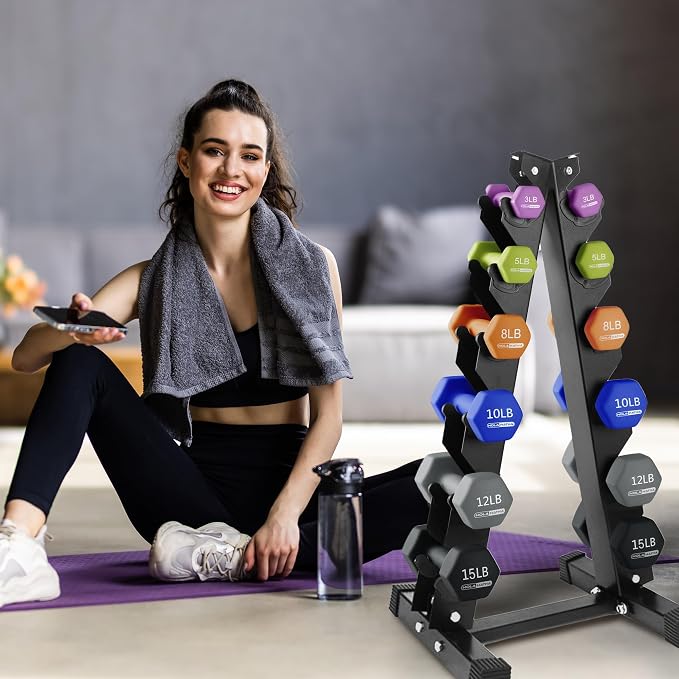 HolaHatha 1, 2 and 3 lb Neoprene Dumbbell Strength Training Weight Set with Rack