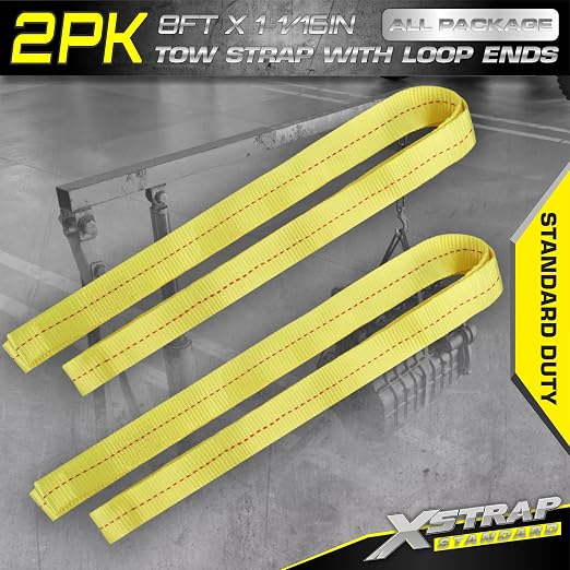 XSTRAP STANDARD 2PK 1-3/4''x 8FT Lifting Sling Web Tow Straps w/Loop End | 5000 lbs Breaking Strength, Heavy Duty Flat Lift Sling Web Straps for Rigging, Moving, Hoist, Tree Stump Removal