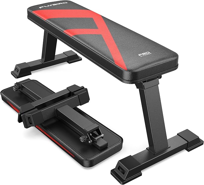 FLYBIRD Foldable Flat Weight Bench for Home Gym, 600/1000 lbs Capacity with Dual Locking for Strength Training, Easy Setup & Storage for Small Apartments, Lifting, Hip Thrust, Dumbbell Workout (A-Red)