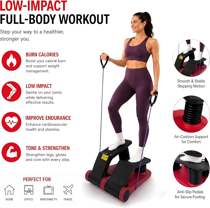 Air Stepper Machine with Resistance Bands | Adjustable Air Resistance Mini Stepper, LCD Monitor, Low Impact Cardio Workout Equipment for Home Gym, 300 lb Capacity