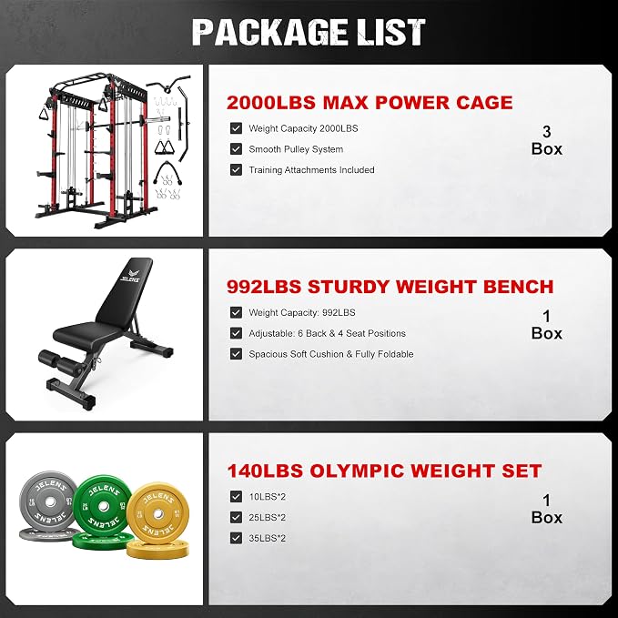 JELENS M21 Smith Machine, Multi-Function Power Cage with Dual Pulley Cable Crossover System, 2000LBS All-in-One Squat Rack with Smith Bar and Attachments for Home Gym