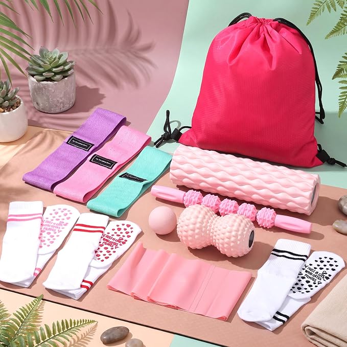 Foilswirl 12 Pcs Home Pilates Kit Pink Pilates Equipment Set for Women with Resistance Bands, Massage Balls, Stretch Strap, Peanut Ball, Foam Roller, Yoga Socks and Backpack for Home Workout Exercise