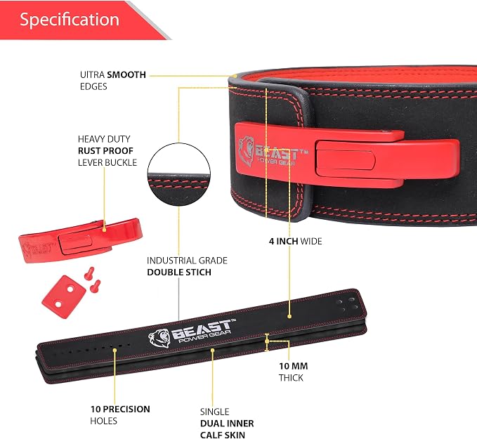Beast Power Gear Weight Lifting Belt Lever Buckle 10MM 13MM Thick & 4 Inches Free Strap Weightlifting, Powerlifting, Deadlifts, Squats Men Women