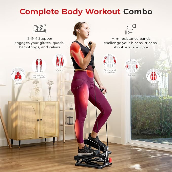 Sunny Health & Fitness Mini Stepper w/LCD Monitor & Adjustable Step Height | Fully Assembled, Stable Frame Design, Home Cardio Training, Hydraulic Stepper, Fits Everywhere, Resistance Bands Option