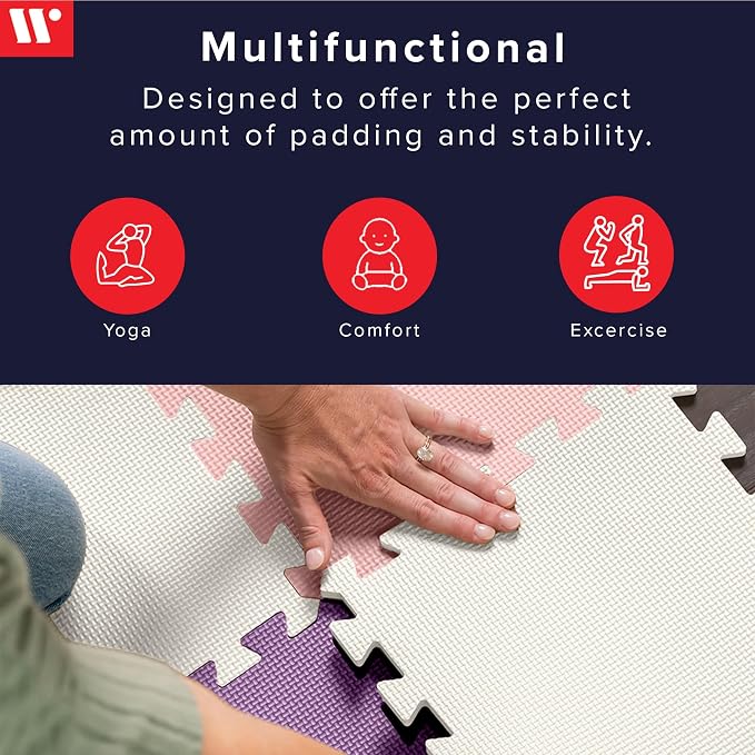 We Sell Mats 3/8" Thick Multipurpose EVA Foam Exercise Floor Mat, 12"x12" Interlocking Kid-Friendly Tiles, Anti-Fatigue for Home, Gym, Playpens, Classrooms