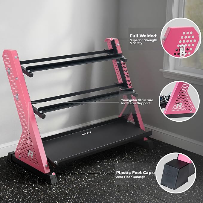 RitFit Rubber Hex Dumbbell Weight Set with 3-Tier Dumbbell Rack | Anti-Slip Knurled Chrome Handle,Cast Iron,Hexagon Anti-Roll Design,1000LB Capacity Heavy Duty Steel Rack for Home Gym