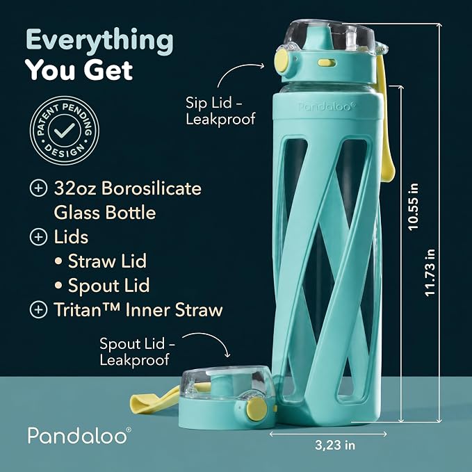 Pandaloo® Orbit 32 oz Glass Water Bottle with 2 Leak-Proof Lids (Straw & Spout), Wide Mouth, Borosilicate Glass, BPA-Free, Cup Holder Friendly for Gym, Work, Travel & Daily Hydration- Pool Cabana