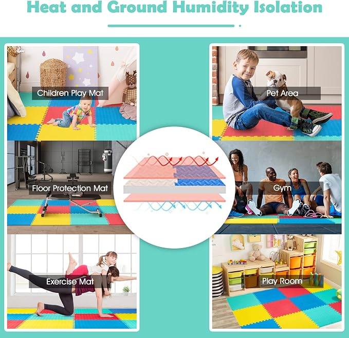 Tangkula 12 Tiles Exercise Flooring Mats with Border, Non-Slip EVA Foam Protective Mats, Elastic Puzzle Play Mats, 1/2" Interlocking Floor Mats for Home Gym, Fitness Room, Workshop Equipment