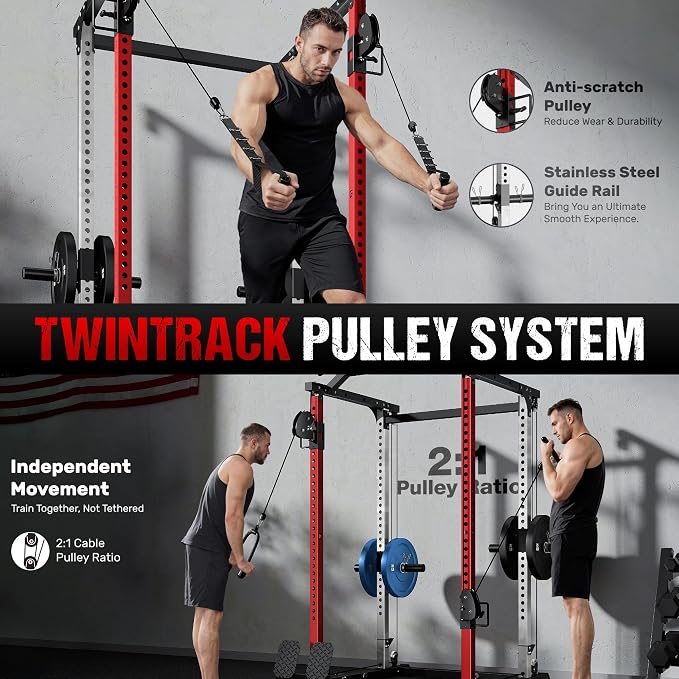 DP01 Power Cage, 2000LBS Squat Rack with Cable Crossover and Dual Independent Pulley System, Full Cage for Full Body Training, Power Rack with More Training Attachments for Home Gym