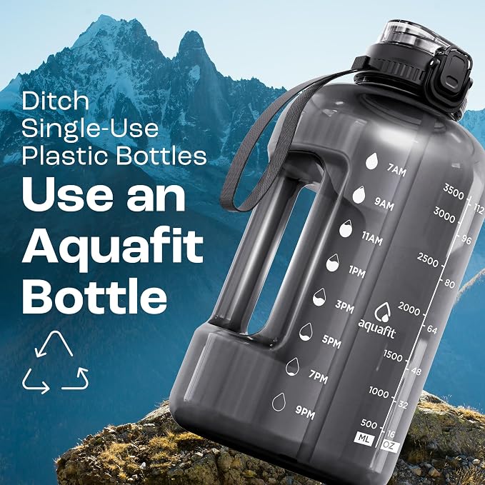 AQUAFIT 1 Gallon Water Bottle with Time Marker, 2in1 Lid | BPA Free 128 oz Water Bottle with 2in1 Straw and Chug Lid - Leakproof Gym Water Bottle with Carry Handle (Gray)