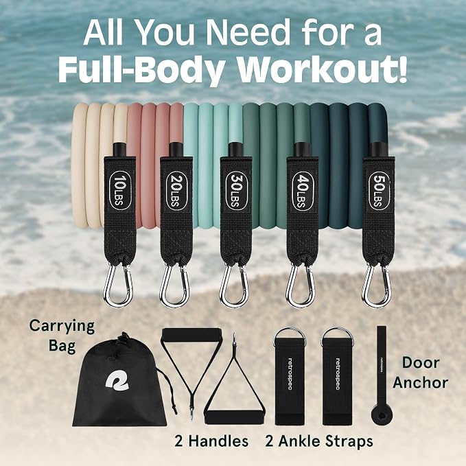 Retrospec Train Resistance Bands Set for Working Out - 5 Stackable Bands, Handles & Door Anchor - Portable Fitness Equipment for Physical Therapy & Yoga Includes Carry Bag