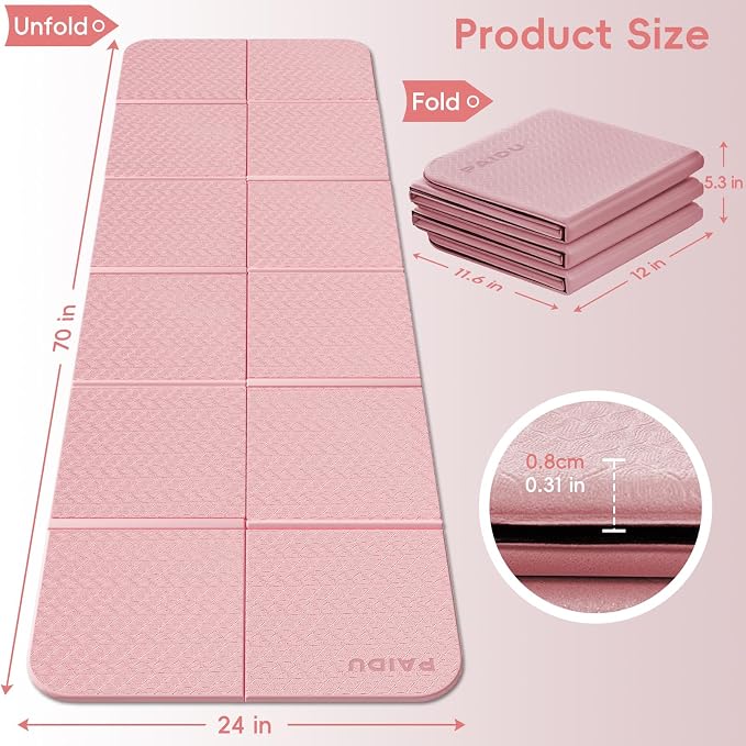 PAIDU Foldable Yoga Mat, 70"x24"x0.31" TPE Non-Slip Mat with Bag | Double‑sided non‑slip, 8mm thick TPE, foldable for travel, ideal for yoga/pilates/fitness/home/outdoor workouts