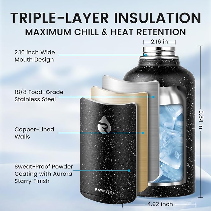 RAYMYLO Insulated Water Bottle 64 oz, Triple Wall Vacuum Stainless Steel | (Cold for 48 Hrs), Leak Proof & Non-BPA, Half Gallon Water Flask Jug with Paracord Handle & Straw Spout Lids